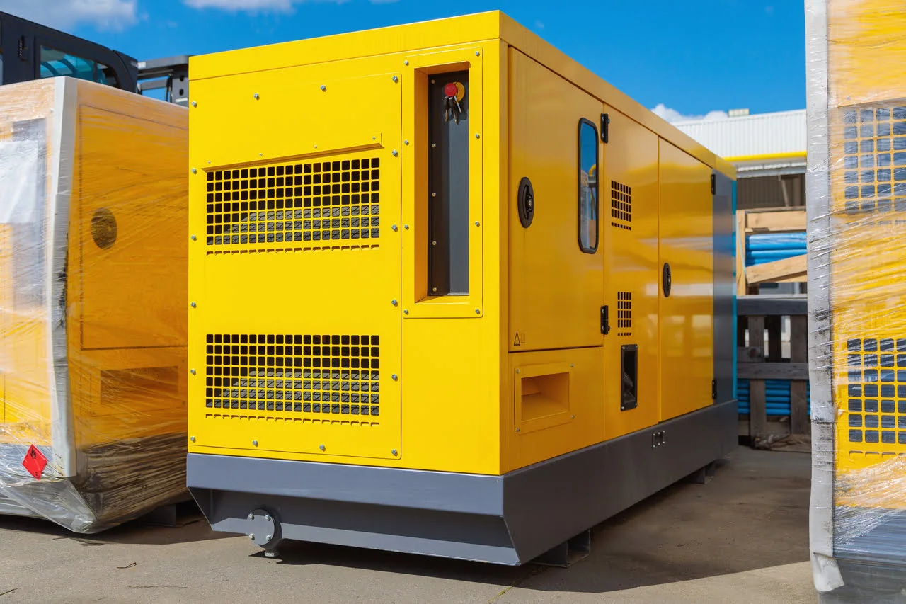 A yellow and grey generator sitting in the middle of a lot.