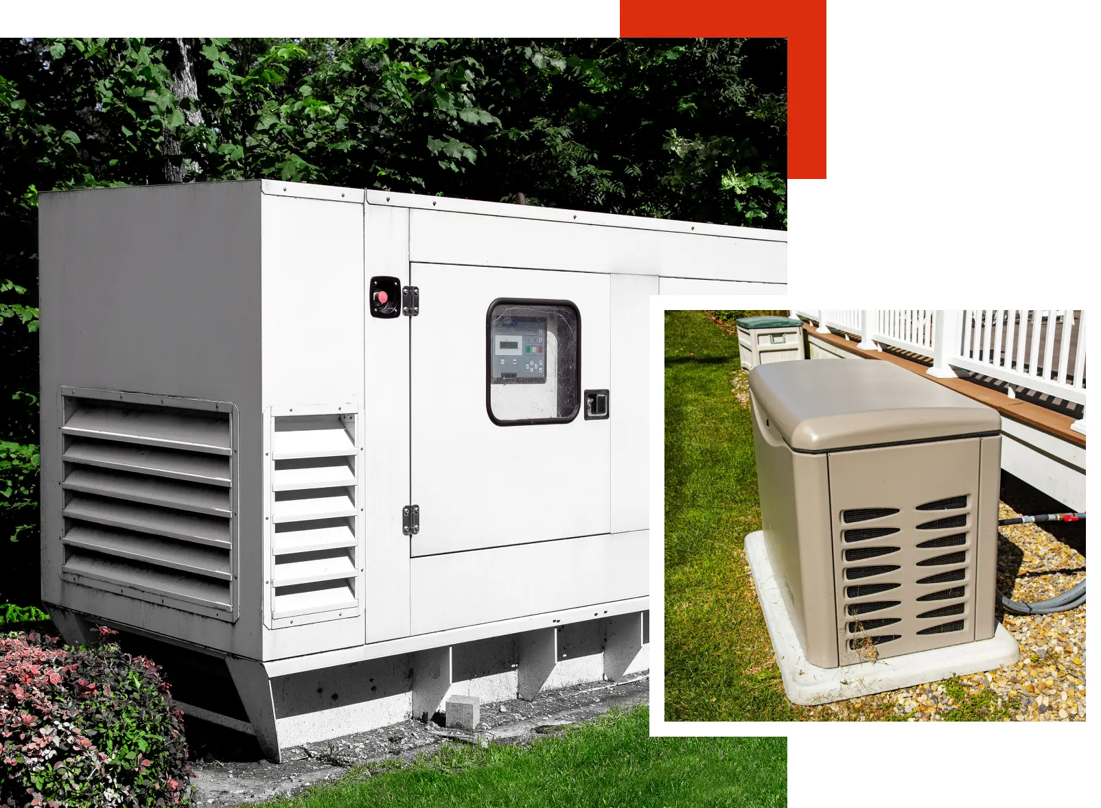 A picture of an outdoor generator and the outside of a small enclosure.