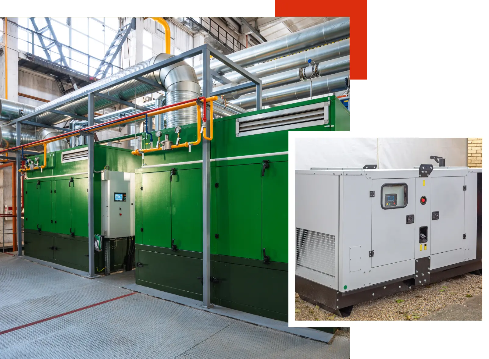 A green and white building with two generators.