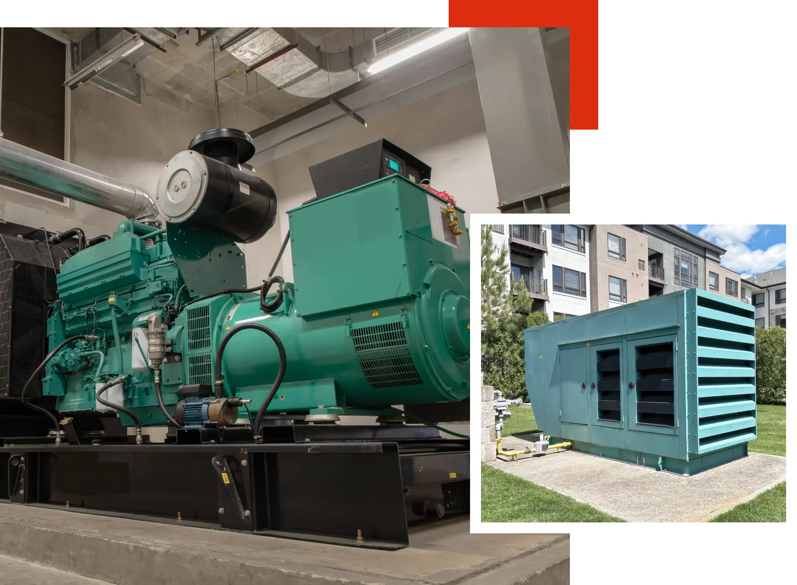 A picture of an industrial generator and some buildings.