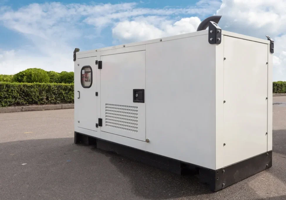 A white generator sitting on the side of a road.