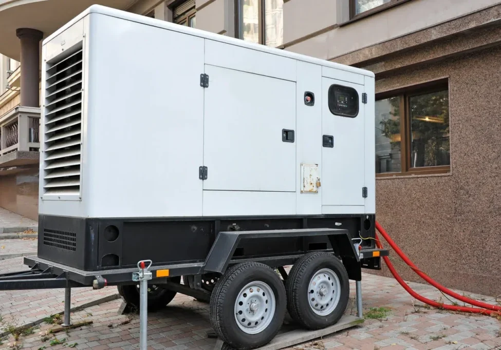 A white generator sitting on top of a trailer.